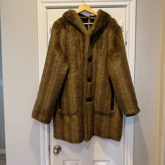 Dennis Basso Reversible Coat Black Brown Faux Suede Faux Fur Hooded Sz Large - Picture 5 of 9